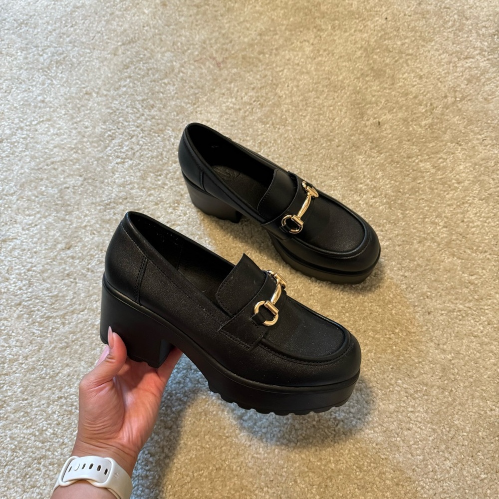 SHEIN Black Loafers with Gold Horsebit Detail